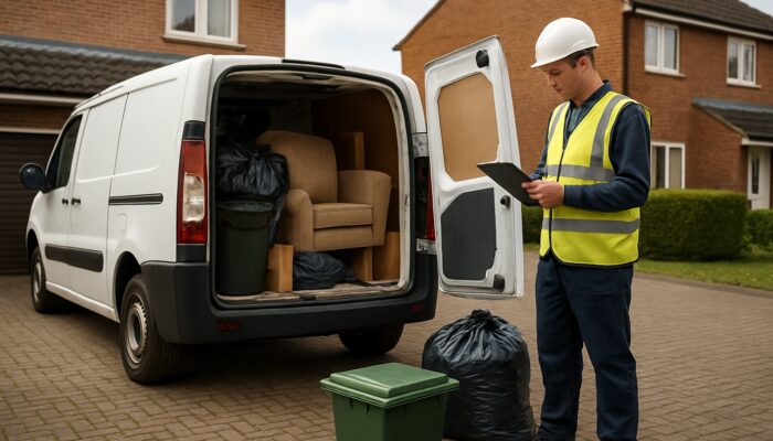 Licensed UK house clearance expert in safety gear verifies permits beside registered van on suburban driveway