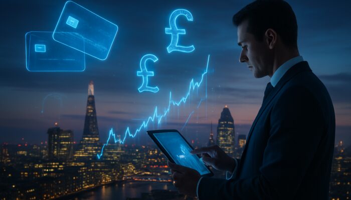 Futuristic London skyline at dusk with holographic credit cards and expert analyzing UK financial data on tablet