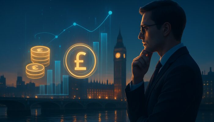 Futuristic London skyline at dusk with professional viewing holographic credit charts and floating pound coins near Big Ben.