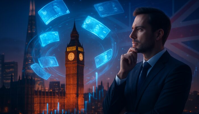 Futuristic London skyline at twilight with Big Ben, holographic pound notes, credit cards, and financial expert.