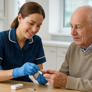NHS nurse in Norwich performing diabetes blood glucose finger-prick test on elderly patient in clinic