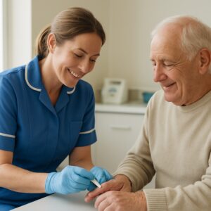 NHS nurse performing finger-prick diabetes blood test on elderly patient in Norwich clinic