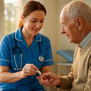 NHS nurse gently performs diabetes finger-prick blood test on elderly patient in sunny Norwich clinic