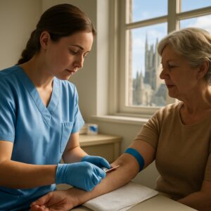 Nurse drawing blood for cholesterol test in sunlit Canterbury clinic with cathedral view