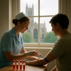 Nurse drawing blood for cholesterol test in serene Canterbury clinic with cathedral view