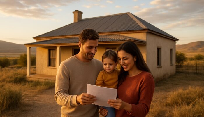 Young family reviewing mortgage papers outside Karoo home in Beaufort West at golden hour
