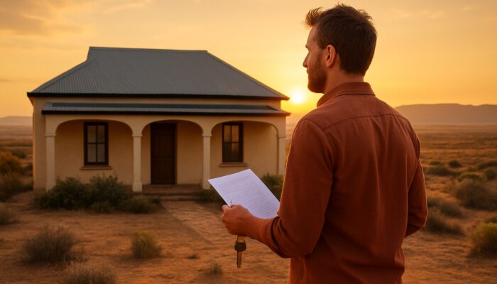Hopeful buyer holding keys and mortgage papers outside Karoo-style home in Beaufort West at sunset.