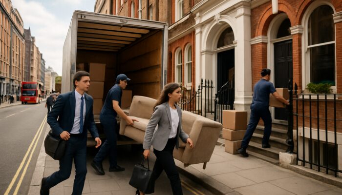 Movers and young professionals clearing furniture from Victorian townhouse on vibrant London street.