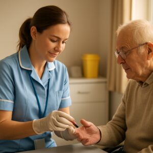 NHS nurse in Norwich gently performs finger-prick diabetes blood test on elderly patient