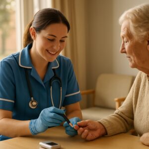 NHS nurse performing finger-prick diabetes blood test on elderly patient in Norwich clinic