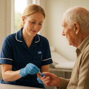 NHS nurse in Norwich performing finger-prick blood glucose test on elderly patient for diabetes care