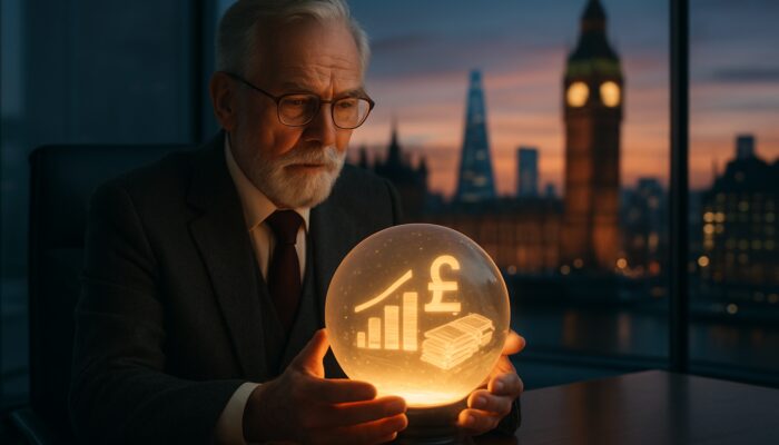 British advisor holds glowing crystal ball with credit scores in sleek London office overlooking Big Ben.