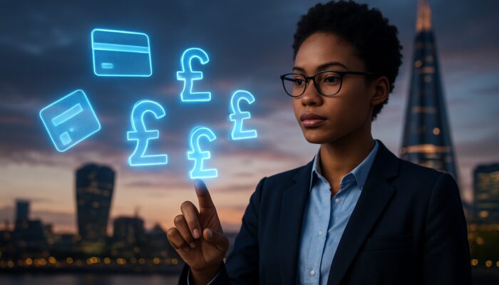 Young professional studies holographic credit cards and pound symbols over futuristic London skyline at dusk