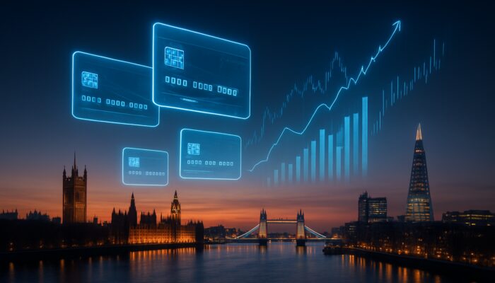 Futuristic London skyline at dusk with glowing credit cards and holographic charts over the Thames for UK advice.