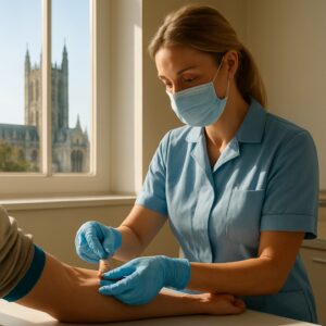Nurse drawing blood for cholesterol test in sunlit Canterbury clinic with cathedral spire visible.