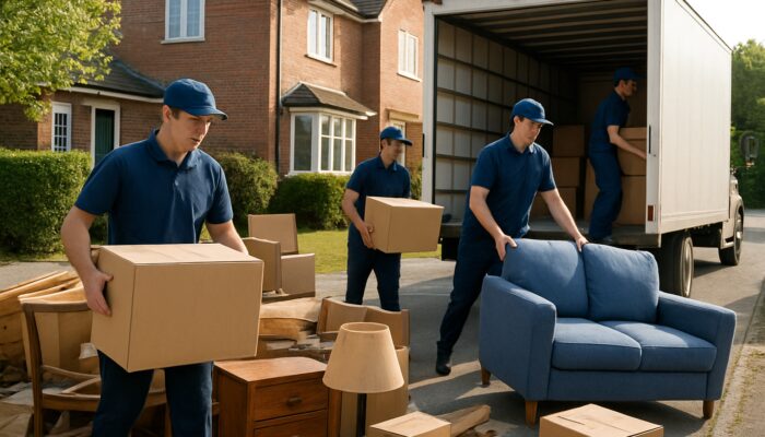 Trusted experts in uniform clearing furniture and boxes from Sutton house into truck.