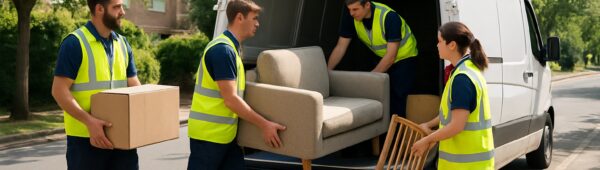 Professionals in high-vis vests clearing furniture from Sutton home into branded van on leafy street