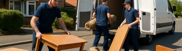 Sutton property clearance experts loading furniture and debris into clean van on sunny street