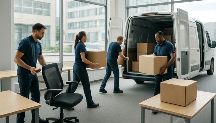 Professional team clearing desks and boxes from Croydon office into vans during expert clearance.