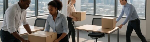 Professional team clearing desks and chairs from modern Croydon office with London skyline view