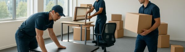 Professional movers clearing Croydon office, stacking desks, chairs, and boxes in bright daylight.