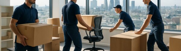Professional movers clearing desks and boxes from cluttered Croydon office with London skyline views.