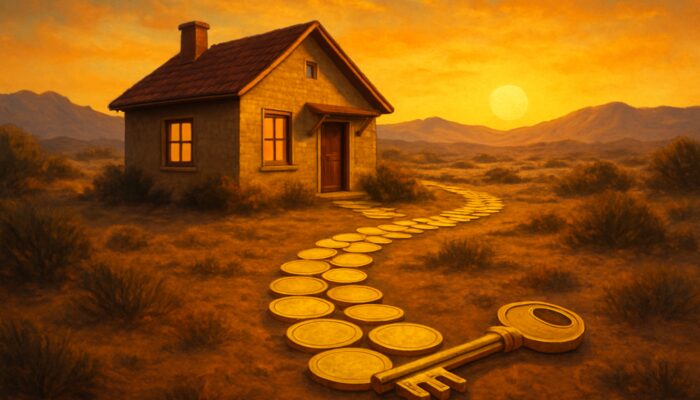 Cozy Beaufort West home in arid Karoo with golden coin-and-key pathway to door under sunset sky