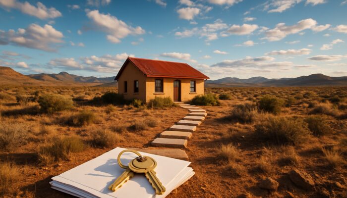 Cozy Beaufort West home in Karoo landscape with golden keys, mortgage papers, and finance stepping stones.