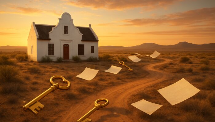 Cape Dutch house in Beaufort West Karoo with floating golden keys and mortgage papers at sunset