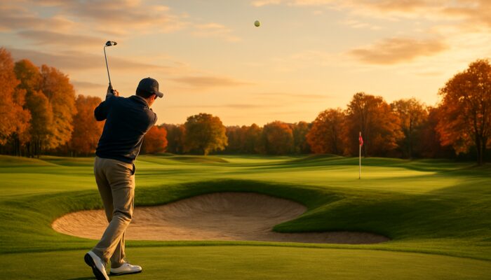Golfer executing precise lob shot over bunker toward flagstick on autumn local golf course at dusk