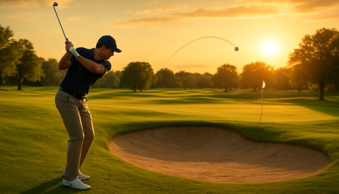 Golfer arcing graceful lob shot high over bunker to pin on lush course at golden hour