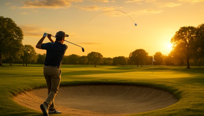 Golfer lofting high lob shot over bunker toward pin on scenic local course at sunset