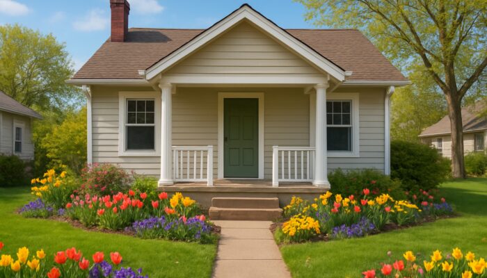 Charming modest starter home with porch amid spring flowers in sunny suburban neighborhood.