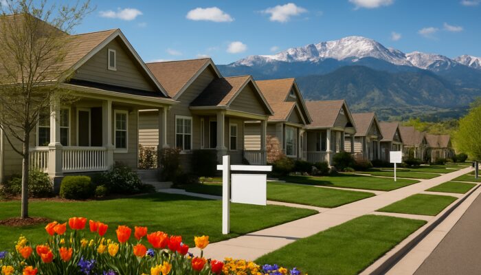 Entry-level starter homes for sale on sunny Colorado Springs street with mountain views.
