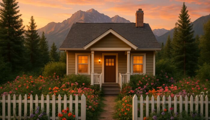 Charming starter home with porch, white fence, garden, and Rocky Mountains at sunset.