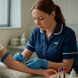NHS nurse in Basingstoke drawing blood for anaemia test in modern clinic with lab equipment