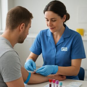 NHS Basingstoke nurse drawing blood for anaemia test in bright clinic setting