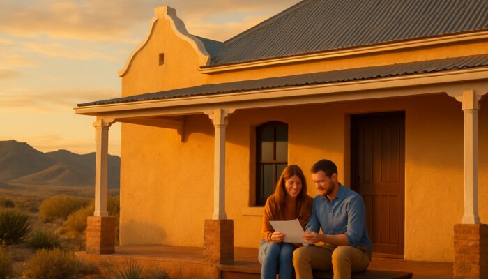 Young couple reviewing home loan documents on porch of Karoo-style home in Beaufort West at sunset