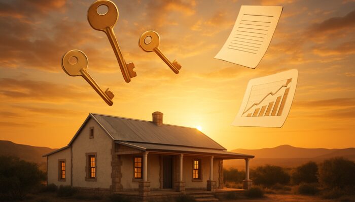 Cozy Beaufort West homestead at sunset with floating keys, mortgage docs, and financial charts.