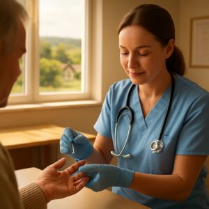 Nurse performing finger-prick diabetes blood test on patient in sunlit Ashford clinic with countryside view