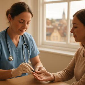 Nurse performs finger-prick diabetes blood test on patient in bright Ashford clinic.