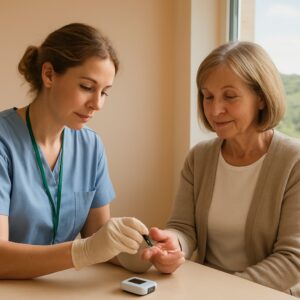 Nurse performing diabetes finger-prick blood test in sunlit Ashford clinic with countryside view