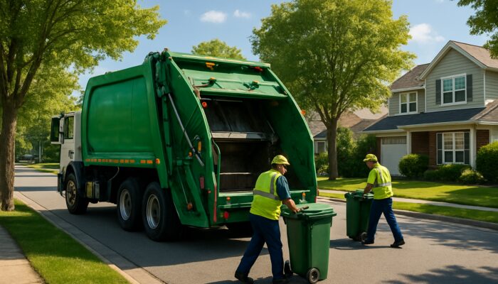 Green rubbish truck collecting waste on sunny Southville street with workers and homes.