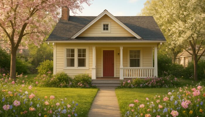 Charming entry-level cottage with porch amid spring lawns, wildflowers, and golden sunlight in blooming neighborhood.