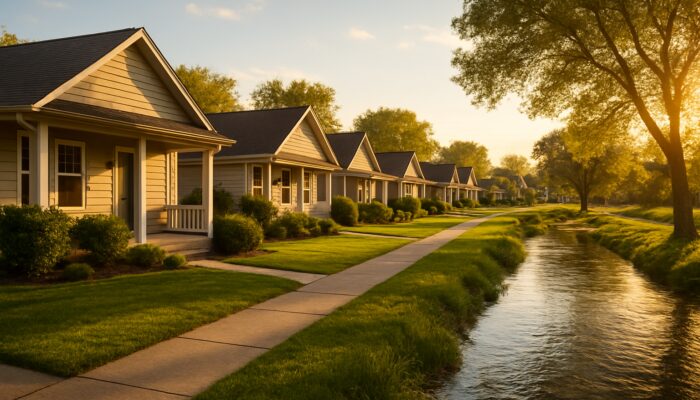 Cozy entry-level homes with porches line a quiet street beside sparkling springs.
