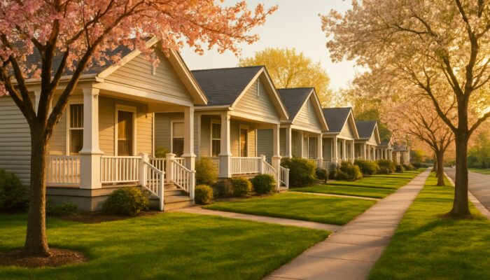 Cozy entry-level starter homes with porches line a sunny suburban street with spring trees.