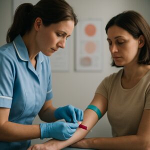 Swindon nurse drawing blood for iron deficiency test with glowing red vial