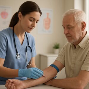 Nurse drawing blood for iron deficiency test in bright Swindon clinic with calm atmosphere