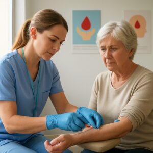 Swindon nurse drawing blood for iron deficiency test in bright clinic with guidance posters