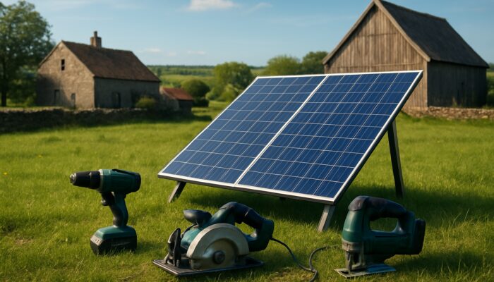 Solar panels charging cordless drills and saws amid sunny UK countryside fields and rustic buildings.
